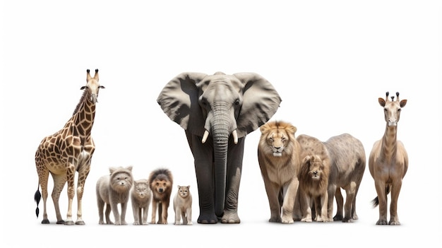 un gruppo di animali tra cui un leone, un leone e una leonessa sono in piedi di fronte a un gruppo di loro.