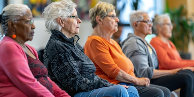 Un gruppo di anziani che fanno esercizi seduti insieme in un centro comunitario