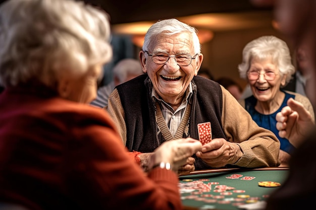 Un gruppo di anziani gioiosi che giocano a carte e condividono le risate in una casa di cura Camaraderie