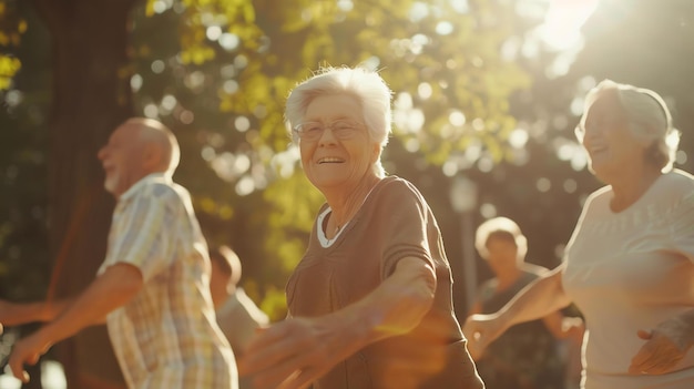 Un gruppo di anziani sta ballando in cerchio nel parco, tutti sorridono e si divertono, il sole splende e gli alberi sono verdi.