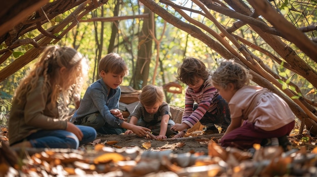 Un gruppo di bambini allegri che ridono ed esplorano nel bosco magico