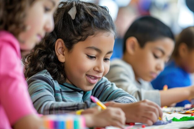 Un gruppo di bambini appassionatamente impegnati in una lezione di artigianato