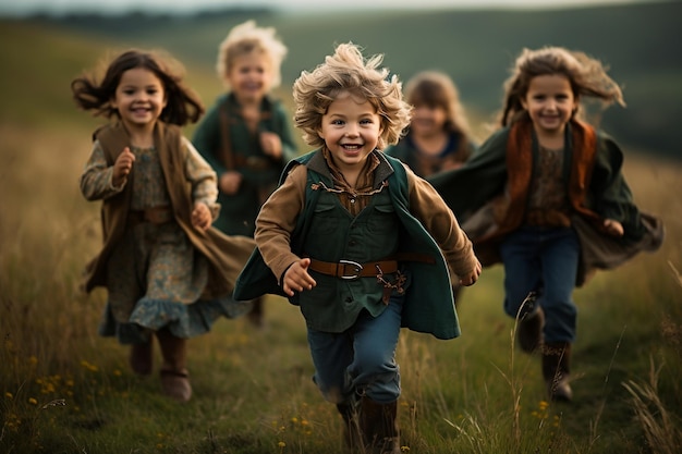 Un gruppo di bambini avventurosi vestiti da eroi Generative Ai