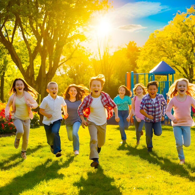 Un gruppo di bambini carini e allegri che giocano insieme, ritratto di gruppo di bambini felici.