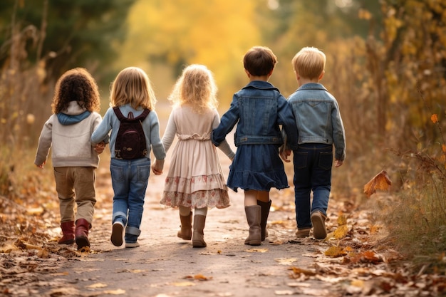 Un gruppo di bambini che camminano felici insieme su una strada sterrata Un gruppo di piccoli bambini che cam minano insieme in amicizia Generata dall'IA