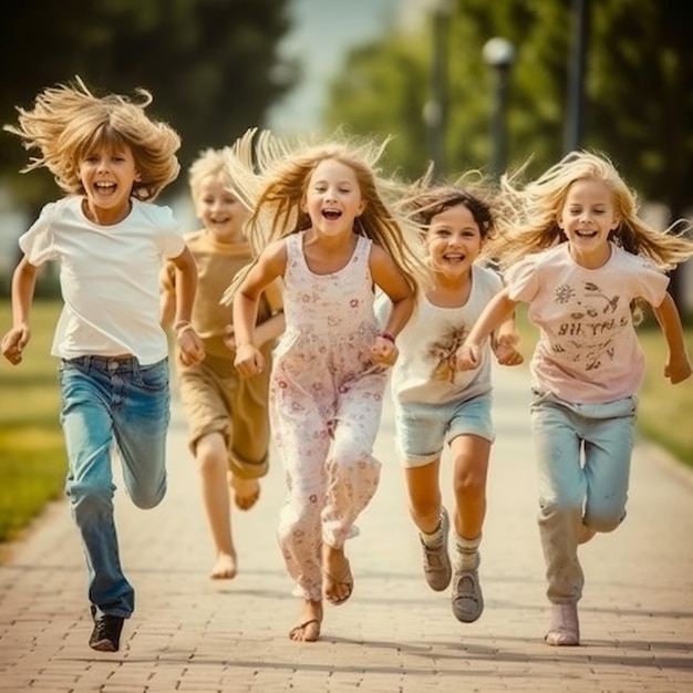 un gruppo di bambini che corrono nel campo