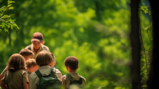 Un gruppo di bambini che esplorano in una foresta circondata da alberi e natura