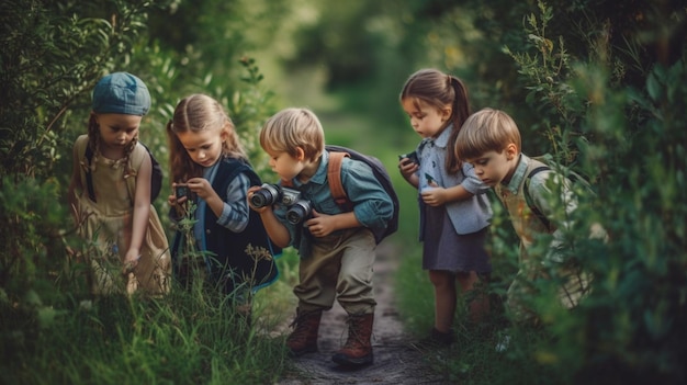 Un gruppo di bambini che esplorano un sentiero naturalistico con lenti di ingrandimento binocolo e curiosità dentro