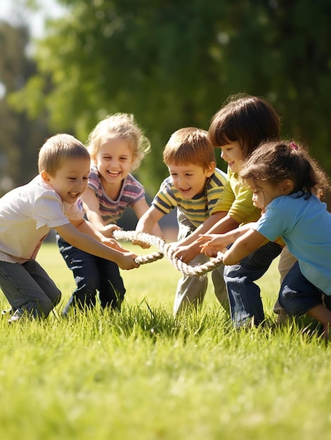 un gruppo di bambini che giocano a tirare la corda in un parco