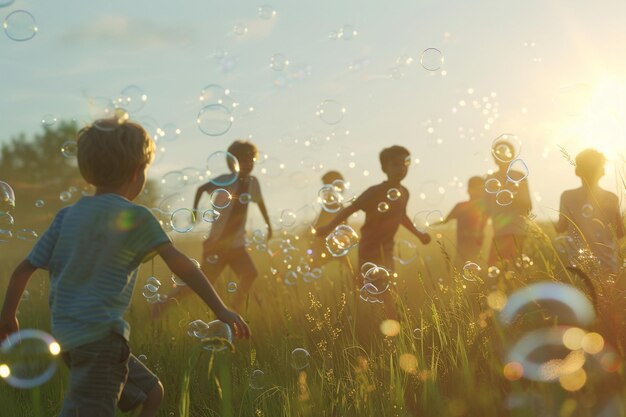 Un gruppo di bambini che giocano con le bolle e cercano di c