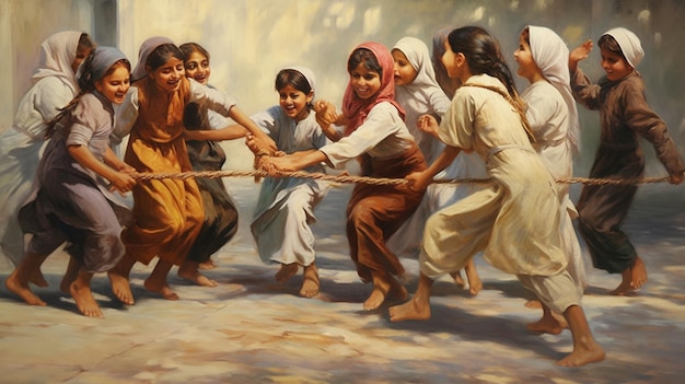 Un gruppo di bambini che giocano gioiosamente a giochi tradizionali come il tiro alla fune o la corsa con i sacchi che incarnano t