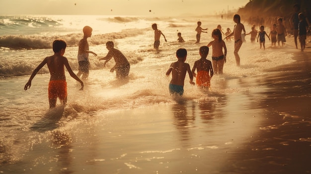 Un gruppo di bambini che giocano in acqua al tramonto