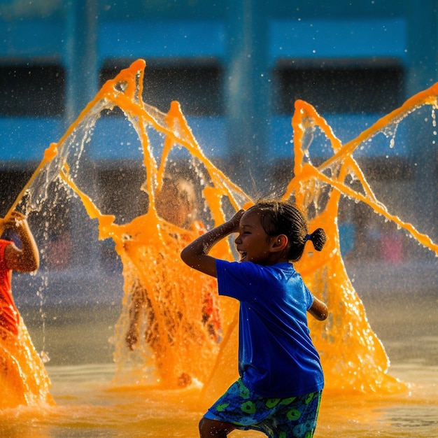 Un gruppo di bambini che giocano in un parco acquatico con spruzzi d'arancia su di loro.