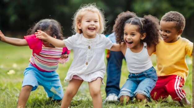 un gruppo di bambini che giocano nell'erba con uno che indossa una camicia bianca