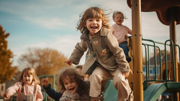 un gruppo di bambini che giocano su una scivolata con uno che indossa una giacca che dice " la parola " su di essa.
