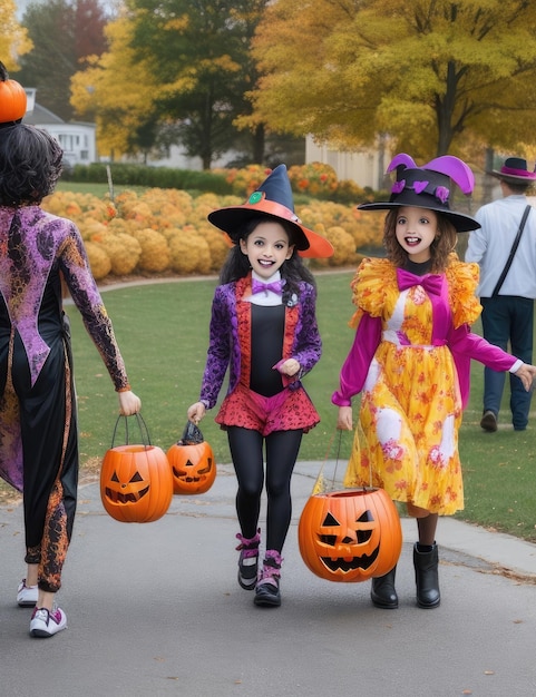 un gruppo di bambini che indossano costumi di Halloween