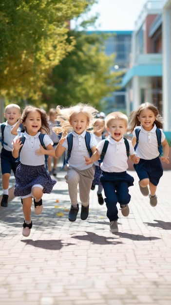 un gruppo di bambini che indossano le uniformi scolastiche stanno correndo lungo un marciapiede