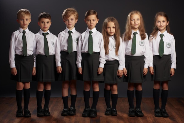 un gruppo di bambini che indossavano uniformi scolastiche con la parola " scuola " sulla parte anteriore.