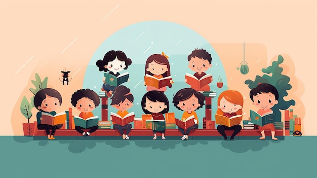 un gruppo di bambini che legge libri in una stanza con una foto di bambini che leggono libri