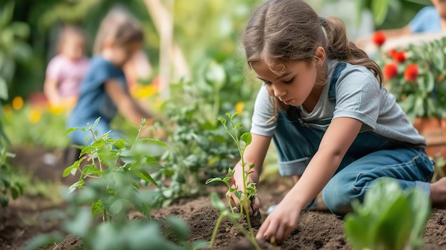 Un gruppo di bambini che piantano alberi un concetto di piantagione di alberi con spazio IA generativa