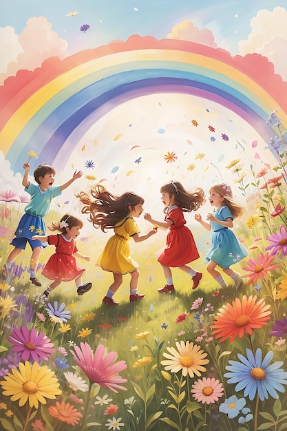 Un gruppo di bambini che saltano in un campo di fiori IA generativa