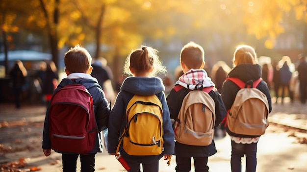 un gruppo di bambini con zaini cammina in fila.