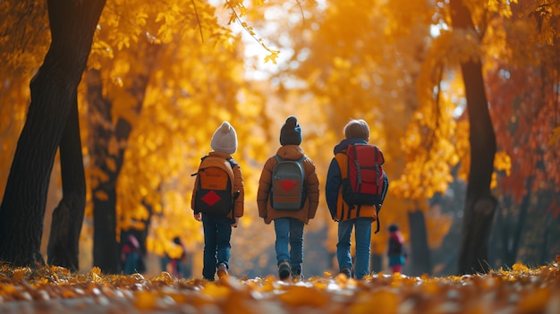 Un gruppo di bambini con zaini che camminano in un parco autunnale in una giornata di sole