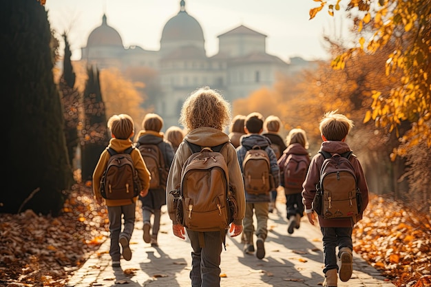 Un gruppo di bambini delle scuole elementari che corrono a scuola generati con l'AI