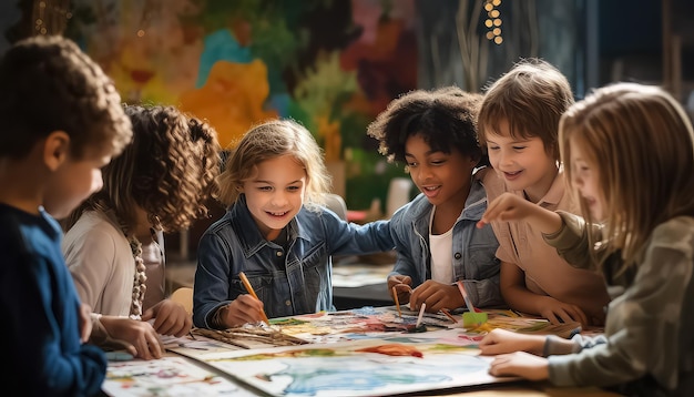 Un gruppo di bambini delle scuole elementari sta realizzando un progetto creativo in classe