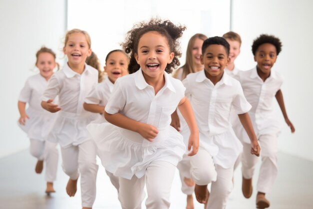 Un gruppo di bambini diversi che corrono e sorridono