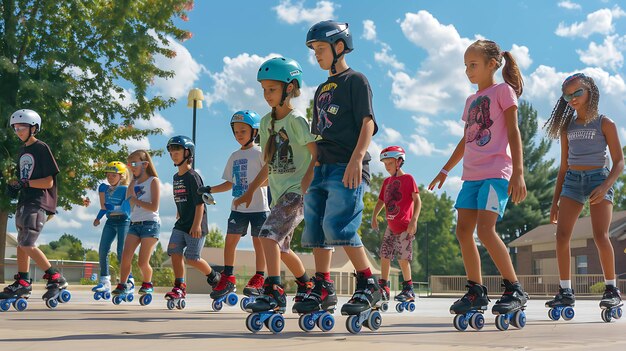 Un gruppo di bambini diversi che indossano attrezzature di protezione che pattinano all'aperto su una superficie asfaltata in una giornata di sole