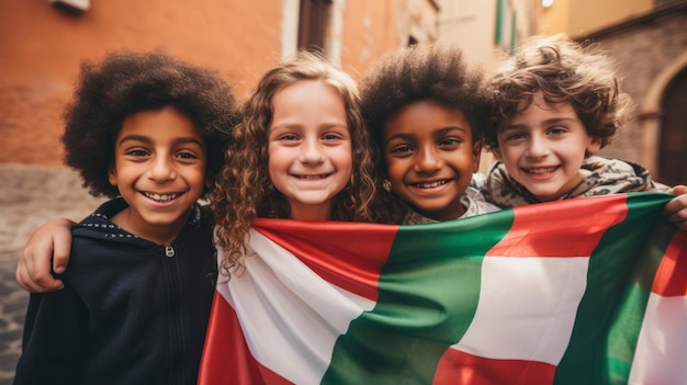 Un gruppo di bambini diversi che tengono una bandiera educa e celebra diverse nazionalità e paesi