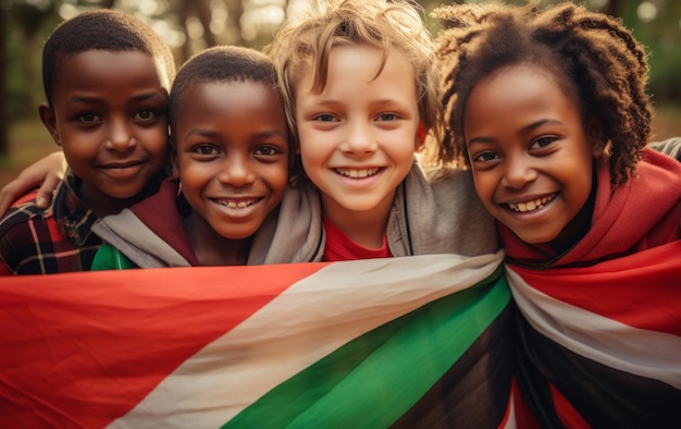 Un gruppo di bambini diversi che tengono una bandiera educa e celebra diverse nazionalità e paesi