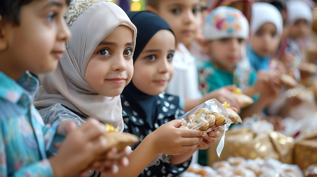 Un gruppo di bambini è seduto attorno a un tavolo a mangiare e indossano tutti abiti tradizionali.