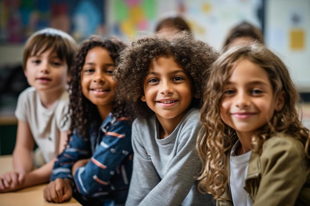 un gruppo di bambini è seduto in una classe, uno di loro sorride e l'altro sorride.