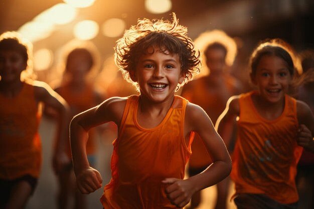 Un gruppo di bambini felici di ragazzi e ragazze corrono nel parco in una giornata d'estate soleggiata Il concetto di amicizia etnica pace gentilezza infanzia