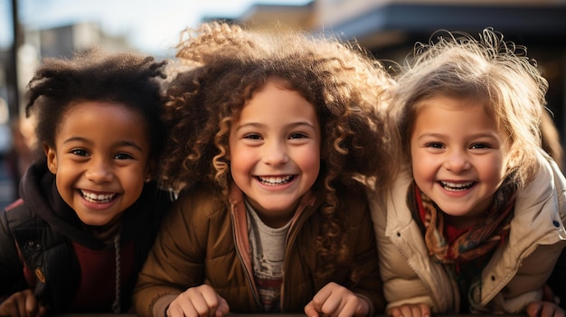 un gruppo di bambini felici per strada.