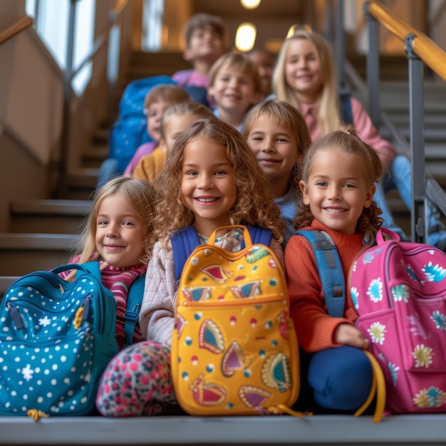 Un gruppo di bambini felici seduti sulle scale