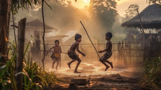 Un gruppo di bambini gioca al mattino in un bagno di fango.