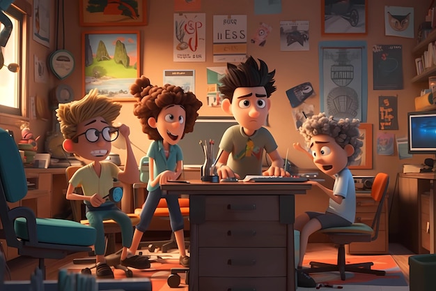 Un gruppo di bambini guarda lo schermo di un computer con la scritta "pixar".