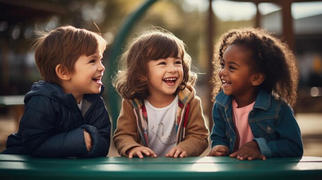 Un gruppo di bambini in età prescolare che parlano e giocano sul parco giochi fuori