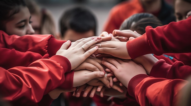 Un gruppo di bambini in giacche rosse si tiene per mano con uno di loro dicendo "lavoro di squadra"