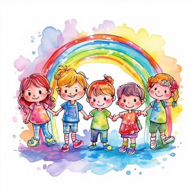 Un gruppo di bambini in piedi davanti a un arcobaleno generativo ai