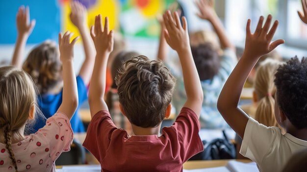 Un gruppo di bambini in una classe visto da dietro mentre alzano le mani per rispondere alla domanda degli insegnanti La scena raffigura un tipico Back To School riempito di c AI Generative