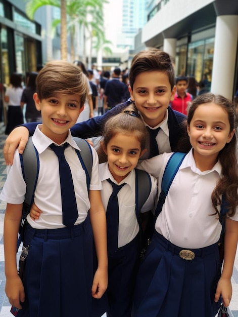 un gruppo di bambini in uniforme scolastica.