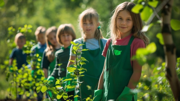 Un gruppo di bambini indossa grembiuli e guanti verdi mentre si dirigono fuori per piantare alberi imparando su