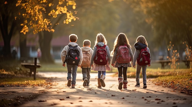 Un gruppo di bambini passeggiava insieme in amicizia Primo giorno di scuola Il primo giorno di apertura della scuola
