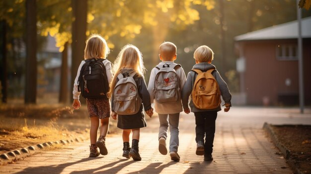 Un gruppo di bambini passeggiava insieme in amicizia Primo giorno di scuola Il primo giorno di apertura della scuola