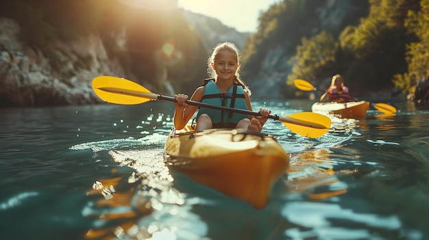 Un gruppo di bambini piccoli da soli in un fiume in kayak con un grande sfondo nebbioso e un sacco di spazio per testo o prodotti AI generativa