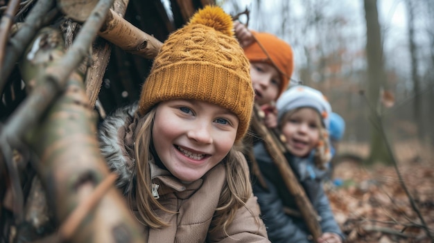 Un gruppo di bambini piccoli diversi stanno vicini l'uno all'altro sorridendo e ridendo di gioia